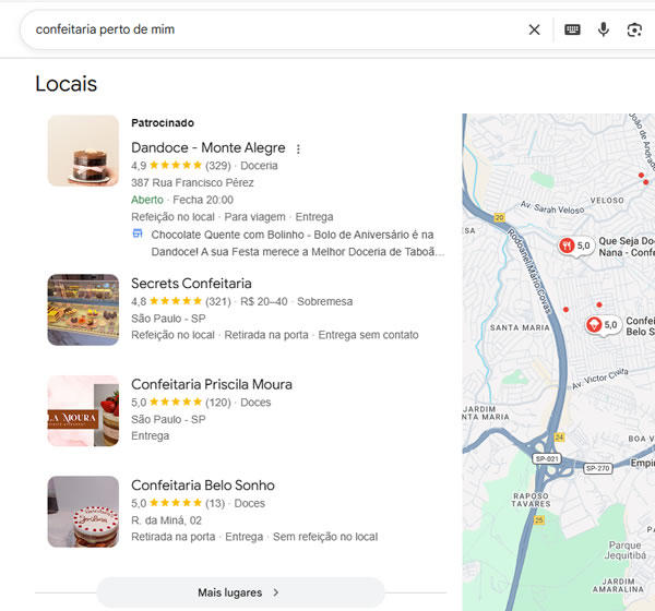 Exemplo de busca no Google por confeitaria perto de mim